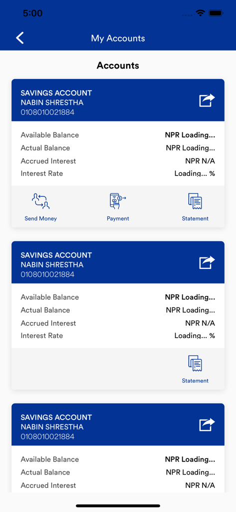 Bildschirm der Excel Smart-App mit dem Sparkontoguthaben und Zahlungsoptionen.