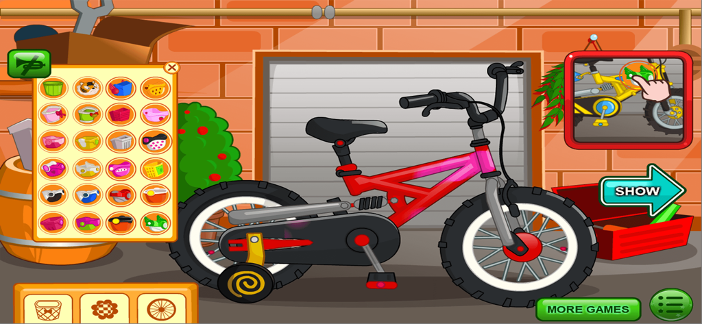 Clean Up, Bike Car Wash Games - Una bicicleta roja en un garaje con un menú que muestra opciones de cestas coloridas para personalizar