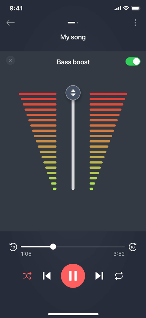 Music player interface of Mp3 Cutter app featuring a bass boost toggle and audio equalizer.