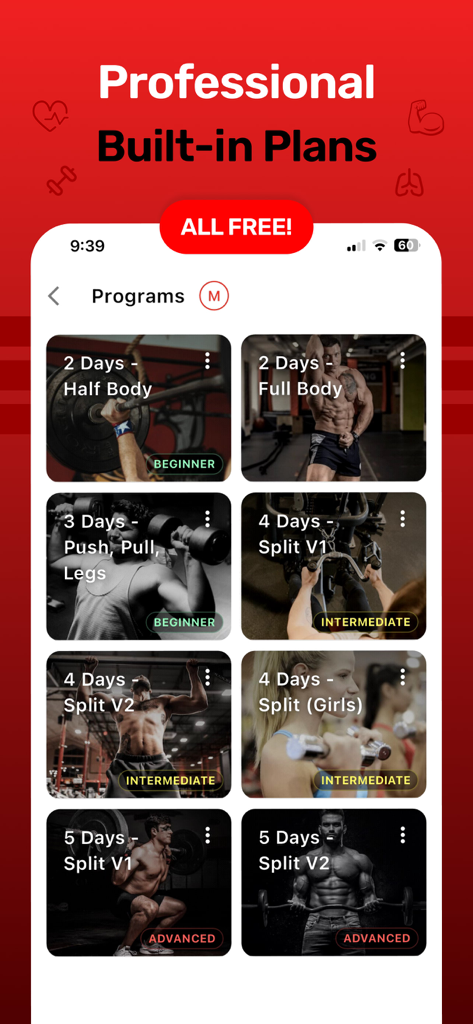 Gym Tracker - Workout Log Pro - A menu of professional built in workout plans for beginner intermediate and advanced levels in the Gym Tracker app