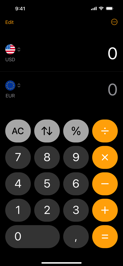 Interfaz de la aplicación Convertidor de Divisas Super que muestra un teclado numérico y campos de conversión de divisas para USD y EUR