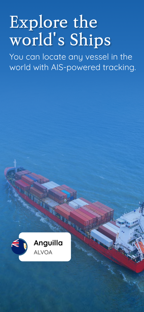 Live Ship Tracker: AIS Radar - Un gran buque portacontenedores en el mar con información de seguimiento AIS superpuesta