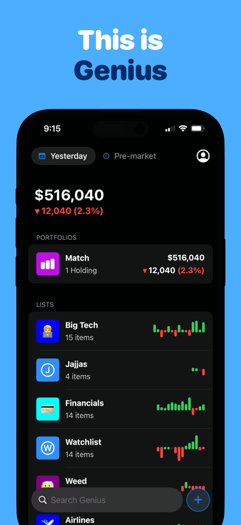 Genius: Stock Market Tracker - Genius app dashboard showing a total portfolio balance of 516,040 dollars and multiple custom stock watchlists