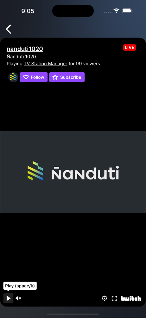 Ñanduti - Interfaz de la aplicación Nanduti mostrando una transmisión de video en vivo de la estación de radio