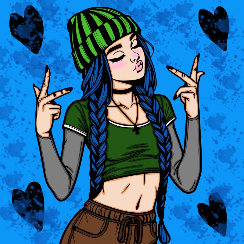 realistic teenage girl with braids and a beanie and crop top doing 🫶🏼