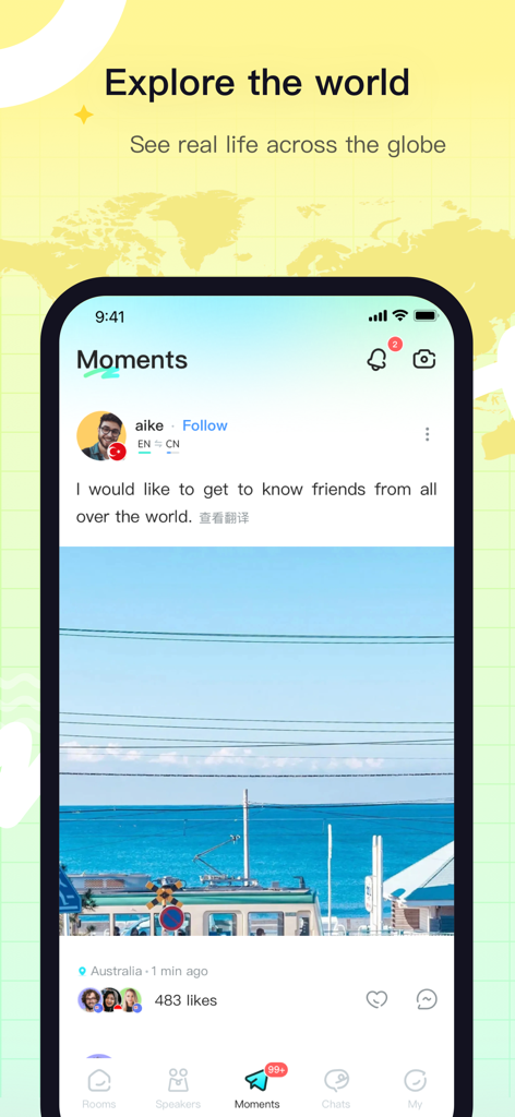 YeeTalk app Moments feed showing a user post with a scenic photo and message about meeting global friends.
