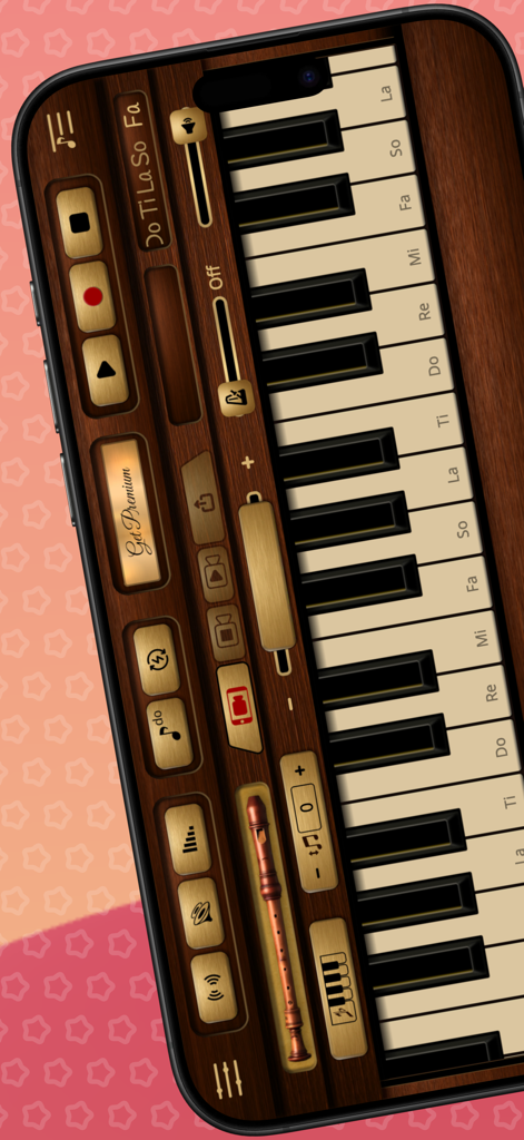 Recorder Sim - Oberfläche der Recorder Sim App mit einer holzthematischen Klaviatur und Musikaufnahmetasten.