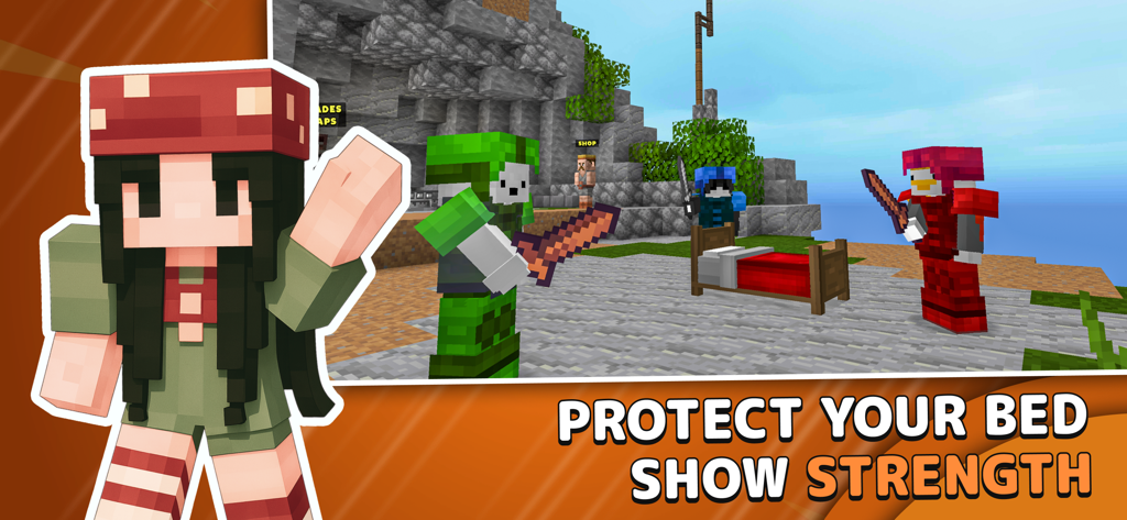 Blocky characters with swords defending a red bed in the Bed Wars game mode of Block Legends