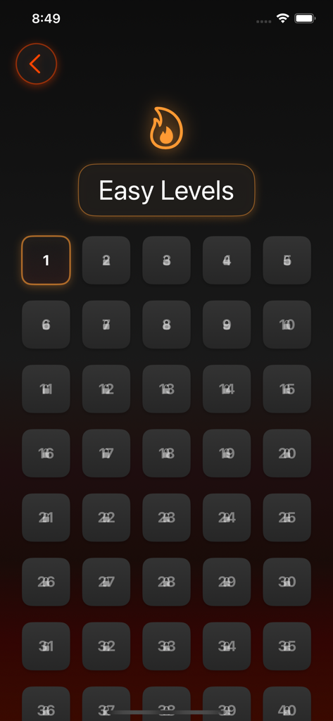 Menú de selección de nivel fácil en el juego de rompecabezas RoadForCup con una cuadrícula de niveles numerados.