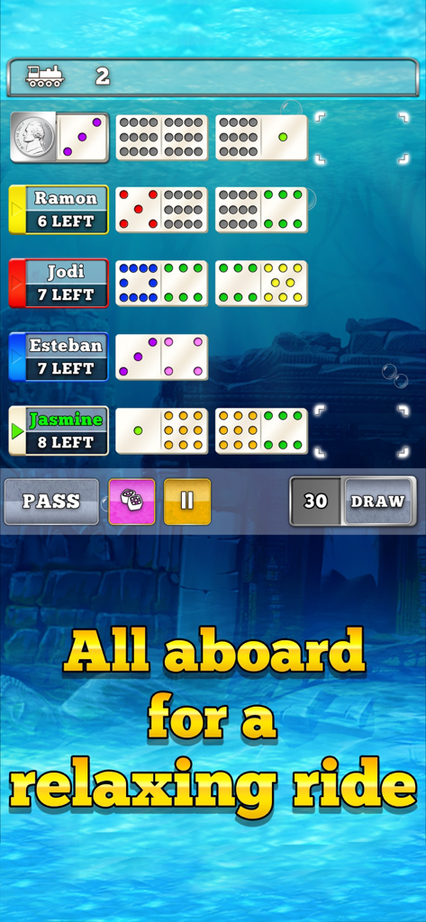 Mexican Train Dominoes Gold - Gameplay of Mexican Train Dominoes Gold with an underwater theme showing player trains and tiles