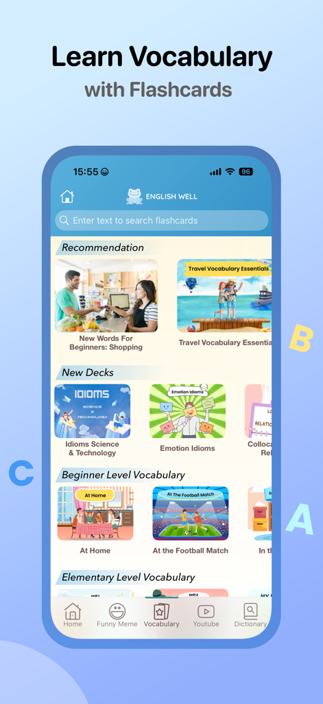 English Well: Learn 4 Skills - English Wellアプリのインターフェース。英語学習者向けのさまざまな語彙フラッシュカードのカテゴリが表示されています