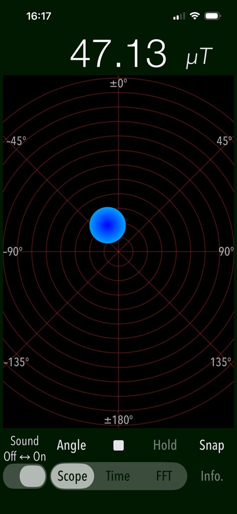 Magnetscape app scope screen displaying a magnetic flux density of 47.13 microtesla on a radar-like grid.