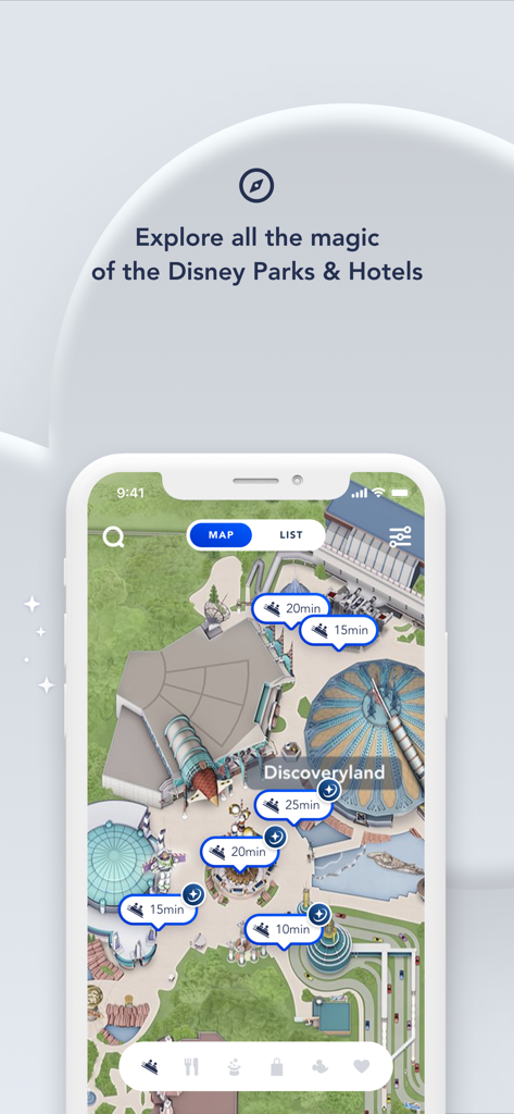 Carte interactive du parc à thème avec les temps d'attente sur l'application Disneyland Paris.