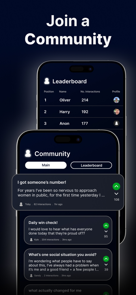 Popular - Charisma Coach - Interfaz de una aplicación móvil que muestra un foro comunitario para compartir éxitos sociales y una tabla de clasificación que rastrea las interacciones de los usuarios.