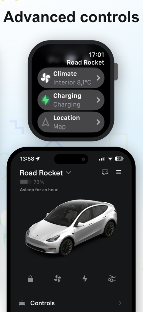 Teswear: Watch app for Tesla - Teswear app interface showing advanced Tesla controls on Apple Watch and iPhone