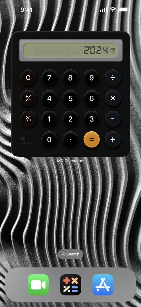 MD Calculator - MD Calculator interactive widget on an iPhone home screen featuring a dark skeuomorphic design