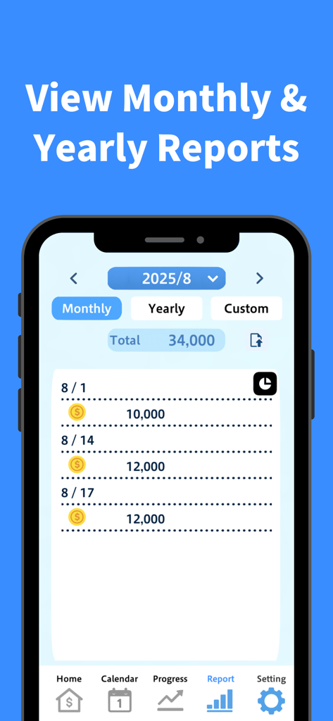 Savings Goal Calendar - Savings Goal Calendar app interface showing a monthly financial report with a list of daily savings entries and total balance.