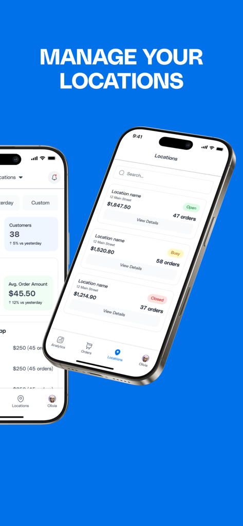 Per Diem (Merchant) - Per Diem Merchant app interface for managing multiple business locations and viewing daily sales data