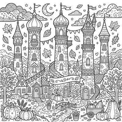 Immerse yourself in a delightful Kawaii world featuring charming towers nestled amidst a vibrant autumn landscape. This adorable coloring page is perfect for celebrating the cozy joys of the fall season.