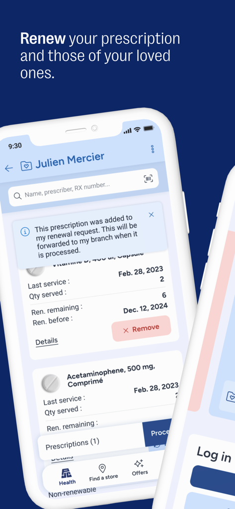 Jean Coutu Santé - Interface de l'application mobile Jean Coutu Santé affichant le renouvellement des ordonnances et la gestion des médicaments pour les membres de la famille