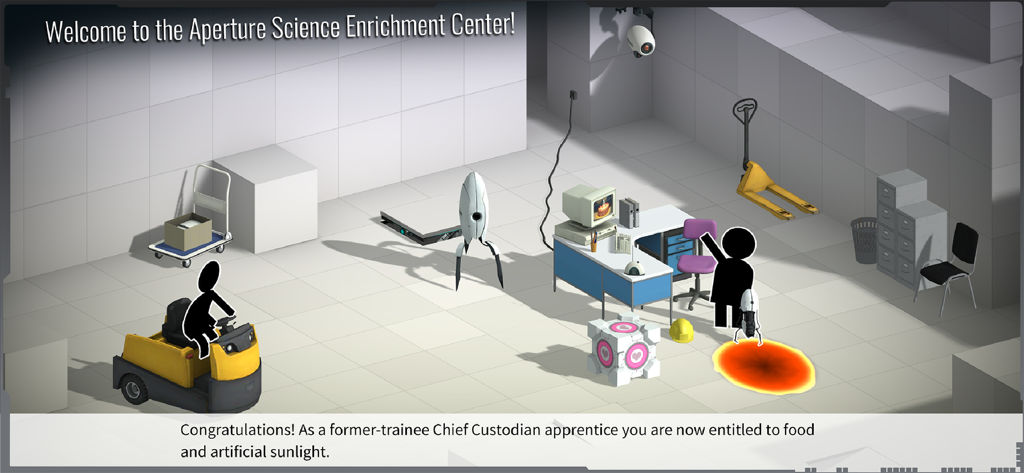 Bridge Constructor Portal - Intro scene of Bridge Constructor Portal showing Bendie characters in the Aperture Science Enrichment Center with a companion cube and forklift.