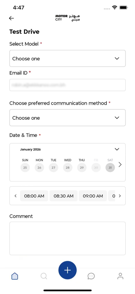 Motor City Bahrain - Oberfläche zur Buchung einer Probefahrt in der Motor City Bahrain App mit Modellauswahl und Kalender-Datumsauswahl