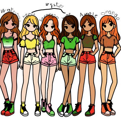 a group of girls wearing crop tops and shorts