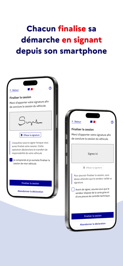 Two smartphones displaying digital signature screens for a vehicle transfer in the Simplimmat app