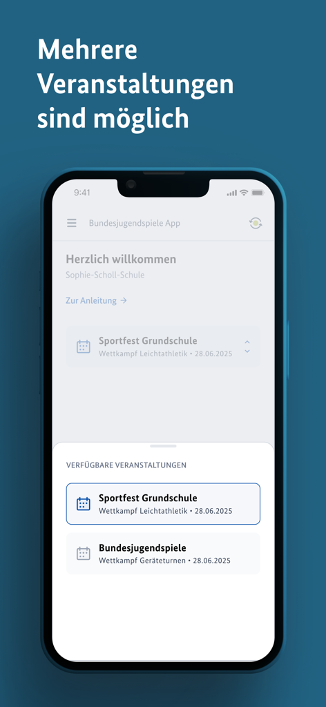 Bundesjugendspiele App - Eine mobile App-Oberfläche mit einer Liste verfügbarer Schulsportveranstaltungen