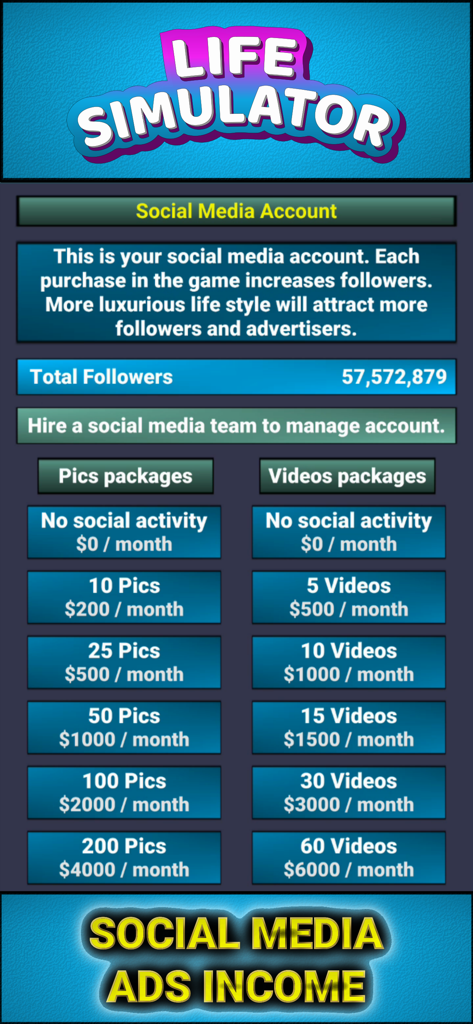 Life Simulator - Business Game - A menu in the Life Simulator game showing social media account options to manage followers and earn ad income through photo and video packages.