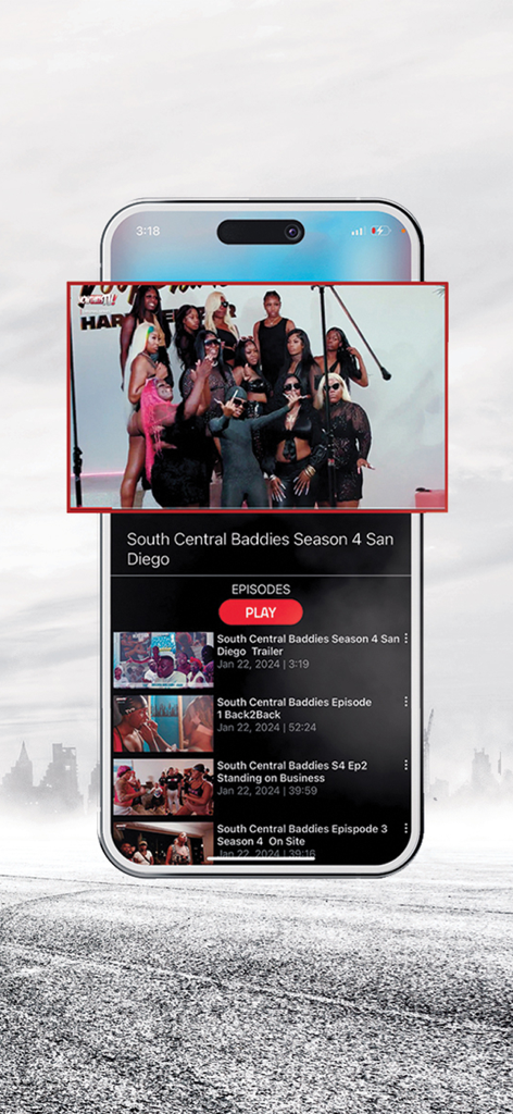 Aplicativo móvel Now Thats TV exibindo a lista de episódios e o player da 4ª temporada de South Central Baddies em uma tela de iPhone