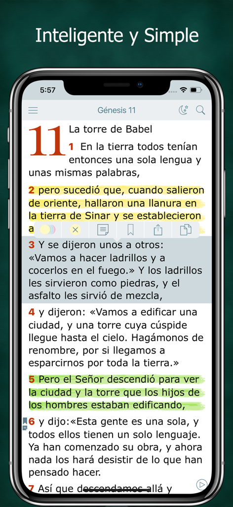 Spanish Christian Bible app showing highlighted verses from Genesis on an iPhone
