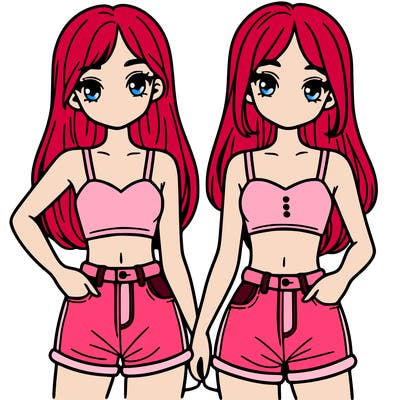 two sisters with crop tops and jean shorts and straight hair
