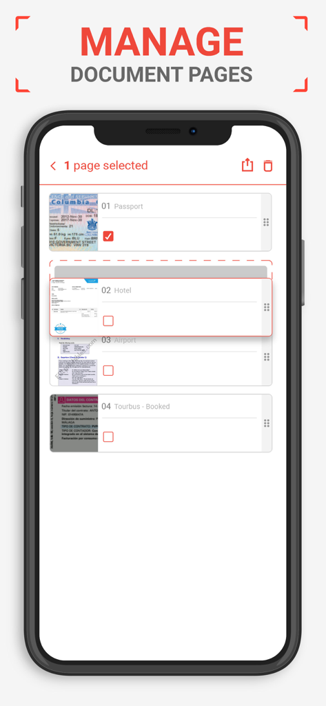 PDF Scanner AI Note text files - Interface of a PDF scanner app showing a list of scanned documents including a passport and hotel receipts for page management