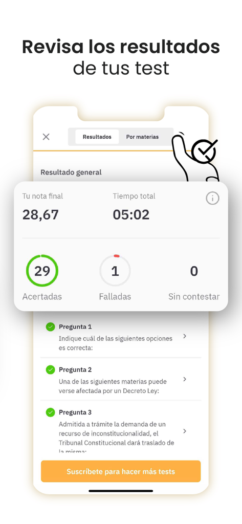 Una pantalla móvil de la aplicación OpositaTest que muestra los resultados de un examen de práctica, incluyendo la puntuación final, el tiempo empleado y el número de respuestas correctas