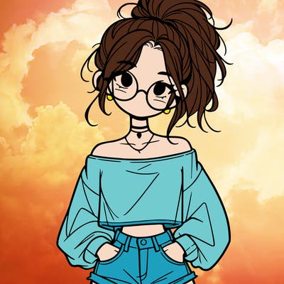 girl with a messy ponytail glasses a baggy crop top and jean shorts