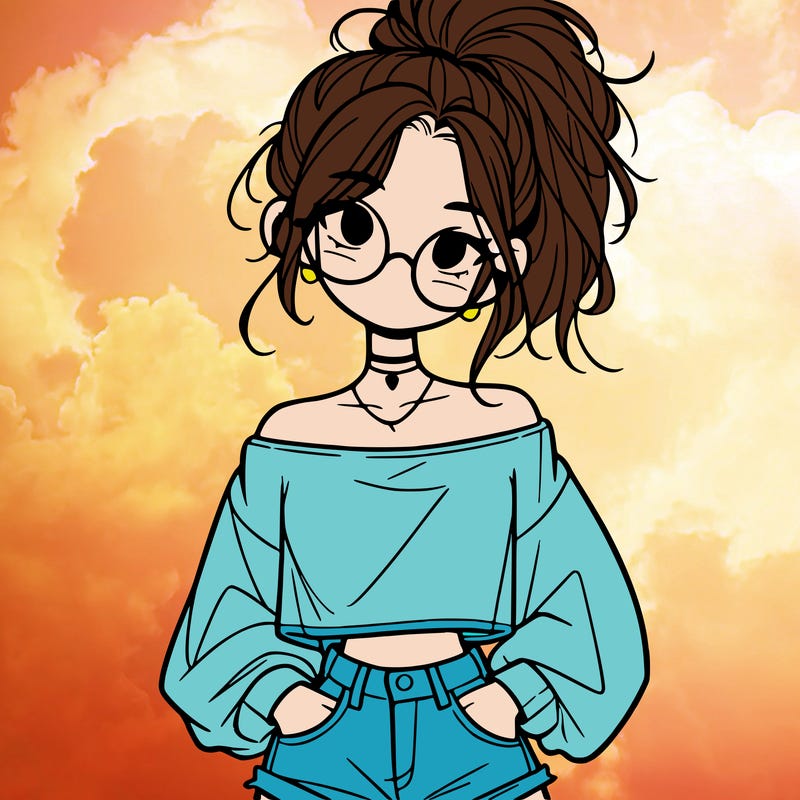 girl with a messy ponytail glasses a baggy crop top and jean shorts