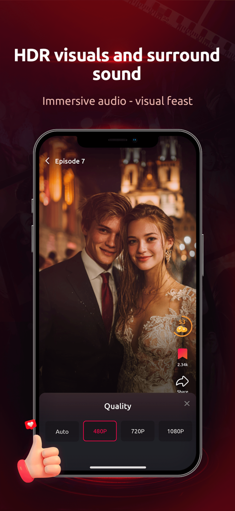 FunTV app interface showing a high quality short drama with resolution settings