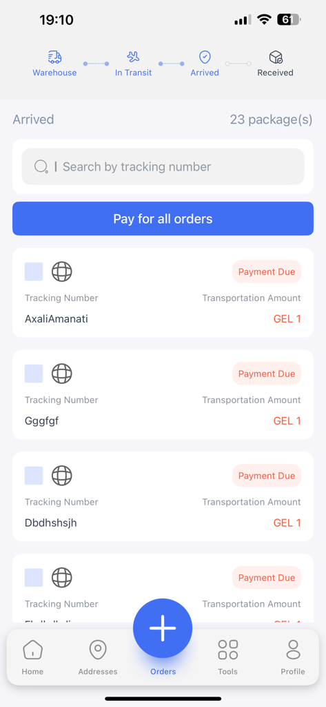SpaceCargo App - SpaceCargo app interface displaying arrived packages with payment due labels