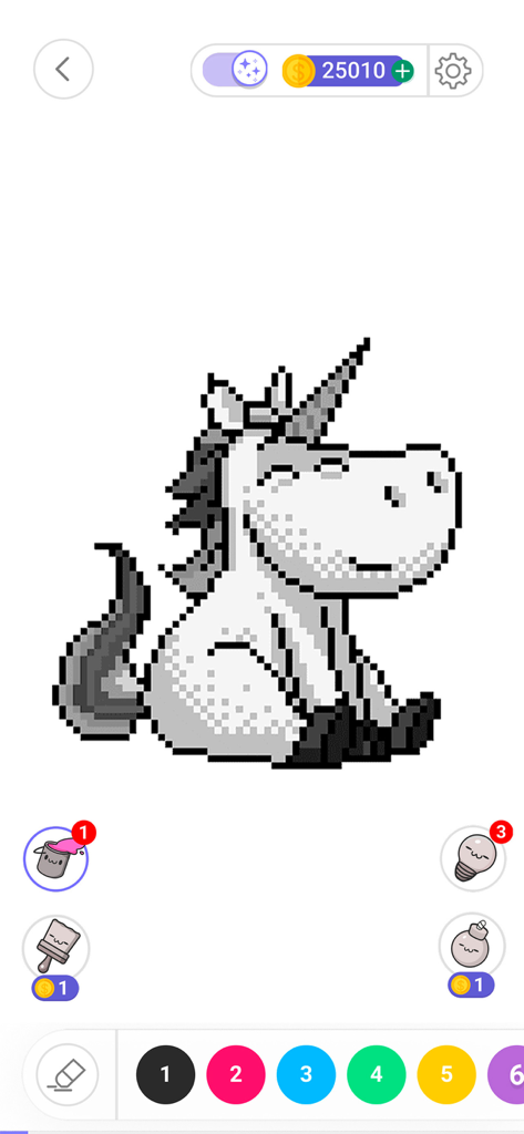 Pixel art unicorn on a color by number mobile game interface.