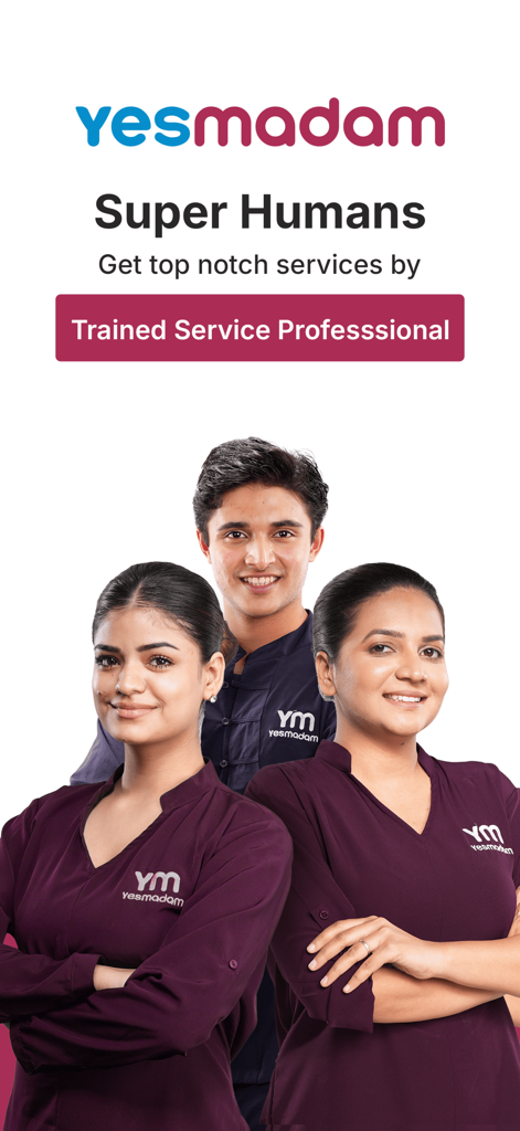 Three smiling beauty and wellness professionals in uniform representing the Yes Madam home salon service.