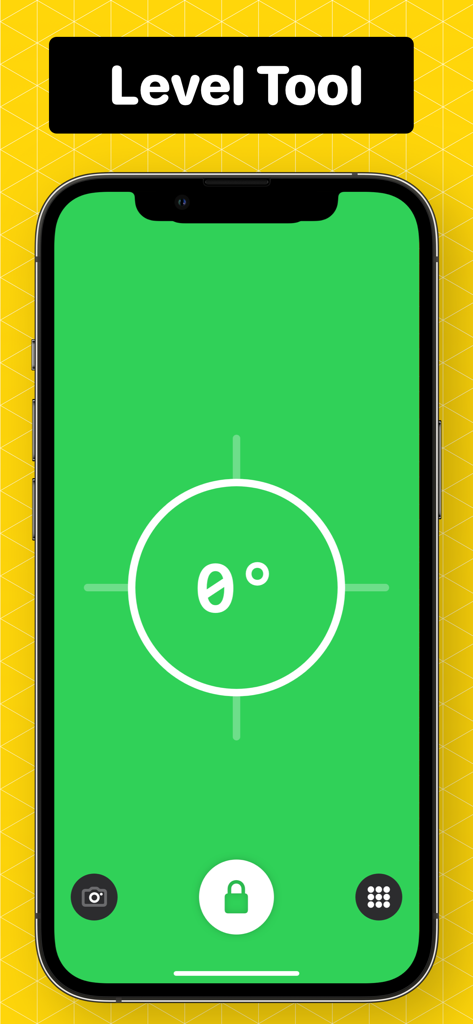 Measuring Tape +ㅤ - Oberfläche des Wasserwaagen-Tools in der Maßband Plus-App, die null Grad auf grünem Hintergrund zeigt