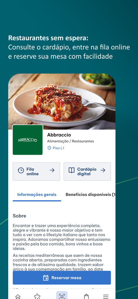 Parque Dom Pedro App-Oberfläche für Tischreservierungen und digitale Menüfunktionen