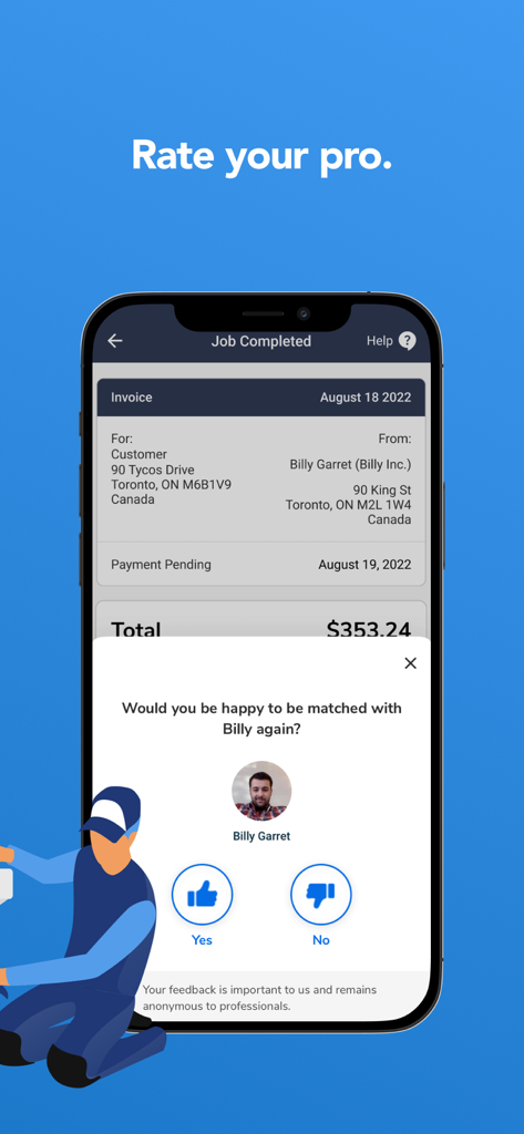 Interfaz de la aplicación Jiffy que muestra una factura de trabajo completado y una solicitud para calificar al profesional del servicio.