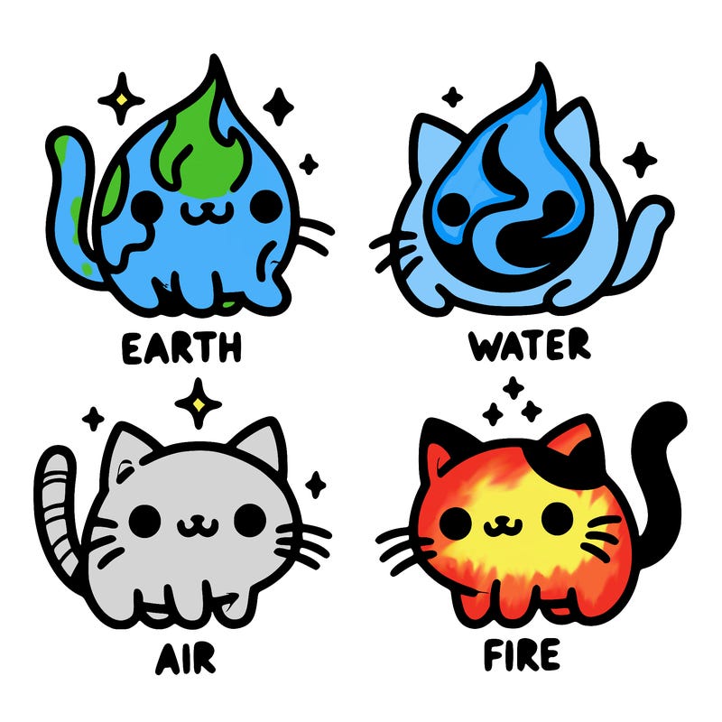 4 cats that represent the different elements, earth, water, air, and fire