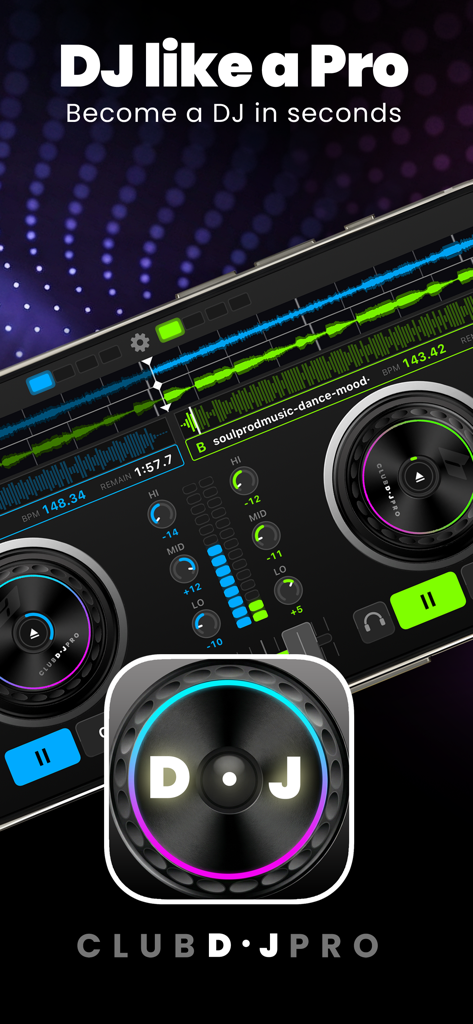 DJ Mixer App: ClubDJ Pro FX - ClubDJ Pro FX mobile app interface with professional DJ decks and music waveforms