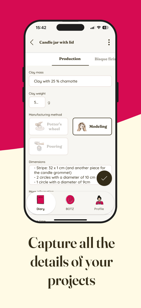 BOTZ Diary - Interfaz de la aplicación BOTZ Diary que muestra los detalles de producción de un proyecto de cerámica, incluida la masa de arcilla y el método de fabricación.