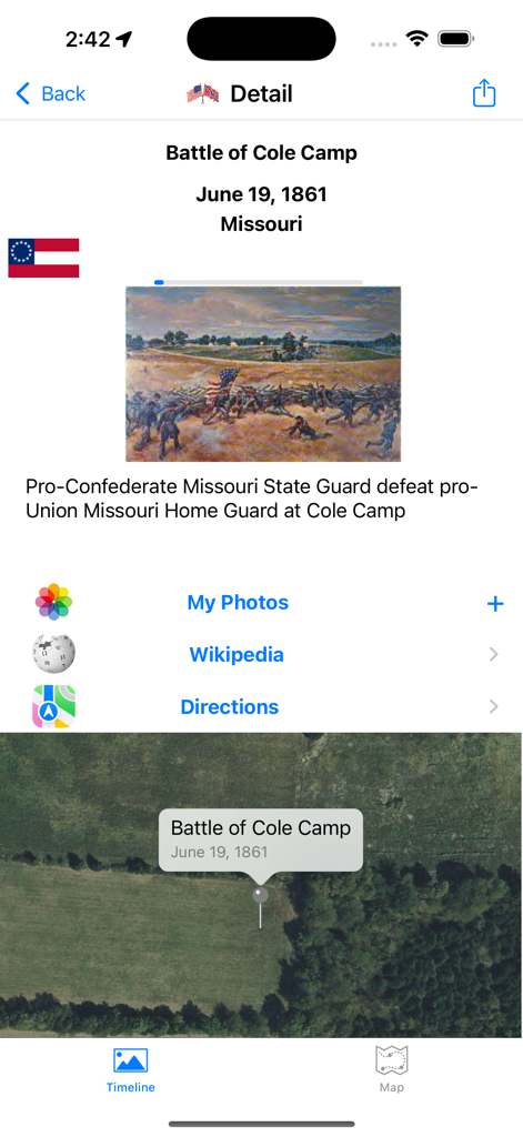 Civil War Battles - Historical details and map location for the Battle of Cole Camp within the Civil War Battles app.