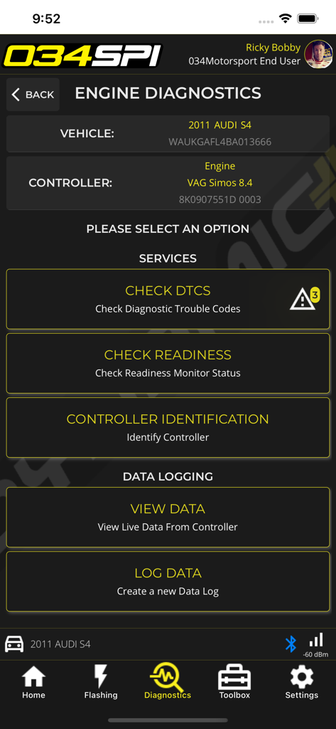 034SPI - Pantalla de diagnósticos del motor de la aplicación móvil 034SPI mostrando opciones para verificaciones de DTC y registro de datos para un Audi S4.