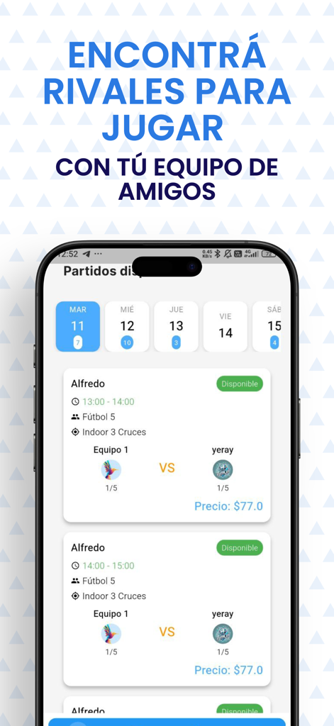 Mobile app screen for FUTPLAY showing a list of available daily soccer matches with times and locations
